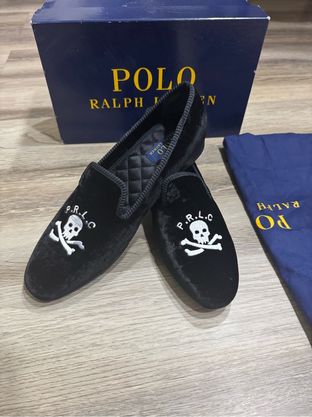Polo by Ralph Lauren Black Velvet Slip-On Loafers with White Skull Embroidery
